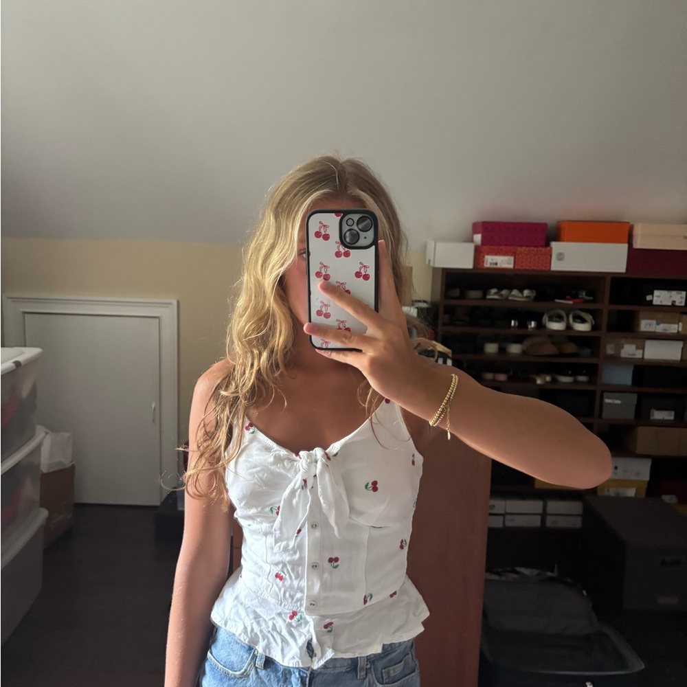 White Cherry Print Women's Top